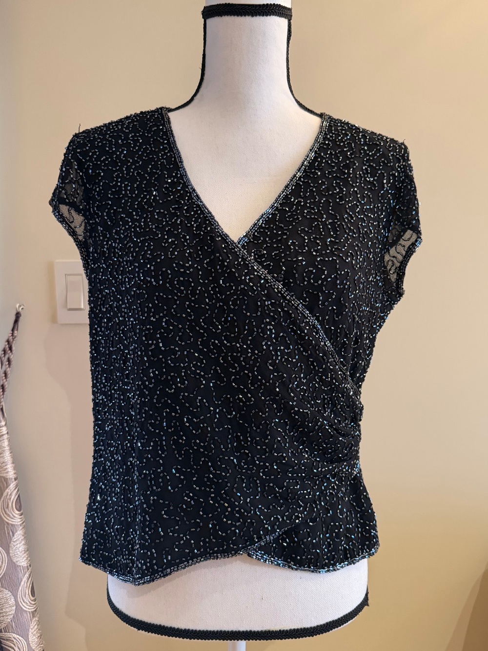 J Kara Black Beaded Wrap-Front Cap Sleeve Top